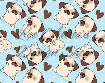 May include: A seamless pattern featuring cartoon pugs with brown ears and brown noses on a light blue background with brown hearts and white speckles.