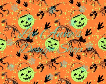 Seamless pattern,  halloween seamless, halloween dinosaurs, dinosaur skeletons seamless