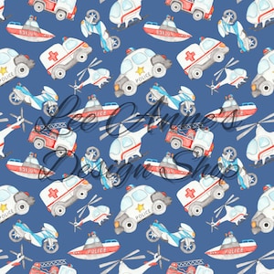 May include: A seamless pattern featuring various vehicles in a watercolour style on a blue background. The vehicles include a police car, ambulance, fire engine, helicopter, and motorbike. The pattern is perfect for fabric, wallpaper, or other creative projects.