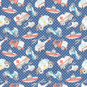 seamless pattern, rescue vehicles, emergency vehicles, police car, ambulance, firetruck, helicopter, boys, cute, cute boys, kids