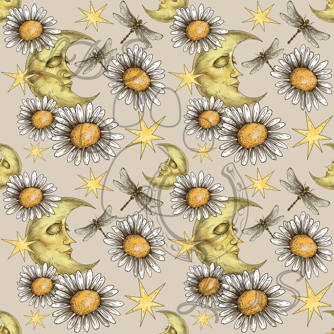 Seamless Pattern, Moon Pattern, Moon Seamless, Moon Floral, Dragonfly ...