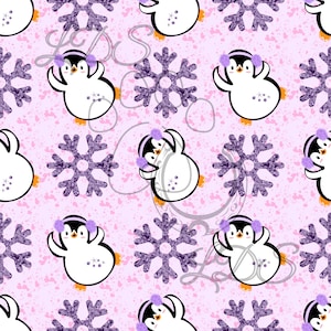 Patrón sin costuras, Navidad sin costuras, Pingüino sin costuras, Copos de nieve púrpura, Invierno sin costuras, Navidad pastel, Invierno pastel, Pingüinos femeninos