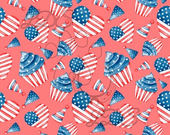 Fourth of July seamless pattern, seamless pattern, watercolor Fourth of July, hearts, cupcakes, holiday, Independence Day, Stars and Stripes