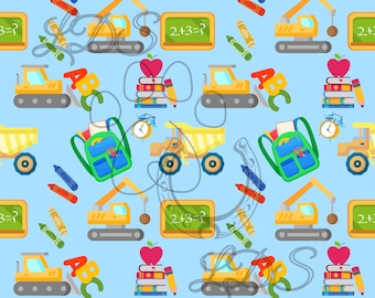 May include: A seamless pattern featuring a variety of school-themed illustrations, including a yellow construction truck, a green backpack, a stack of books, a red apple, a yellow school bus, a blue crayon, a clock, and a chalkboard with the equation "2+3=?" on it. The background is a light blue color.
