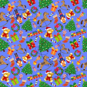 Padrão sem costura, padrão de Natal, Natal sem costura, árvore de Natal, brinquedos de Natal, cavalo de balanço, ursinho de pelúcia, quebra-nozes