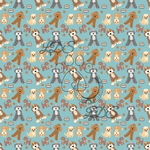 nahtloses Muster, Doodles, Hunde, Pfotenabdrücke, Hunderassen, Labradoodle, Goldendoodles