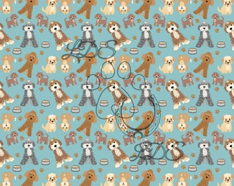seamless pattern, doodles, dogs, paw prints, dog breeds, labradoodle, goldendoodles