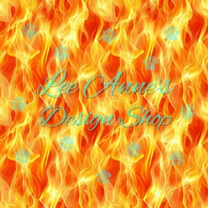 May include: Abstract seamless pattern featuring a fiery orange and yellow background with blue paw prints. The text "Lee Anne's Design Shop" is in the centre of the image.