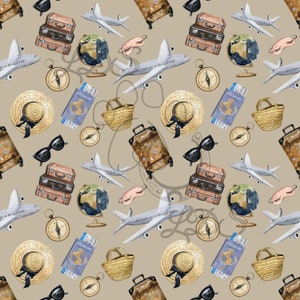 patrón sin fisuras, Patrón de viaje, Patrón de vacaciones, Viajar sin fisuras, avión, maleta, brújula, globo terráqueo mundial, pasaporte, mapas del mundo