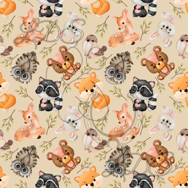 Seamless Pattern, Woodland animals pattern, watercolor woodland pattern, fall pattern, autumn leaves, owl, deer, raccoon, bunny, bear, fox