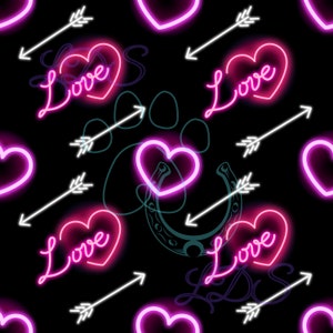 May include: A seamless pattern featuring neon pink hearts with the word "Love" written in a cursive font. The background is black with white arrows and a blue paw print and horseshoe.