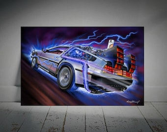 May include: A silver DeLorean time machine with blue and purple lightning effects. The car has a futuristic design with a large rear spoiler and a flux capacitor.