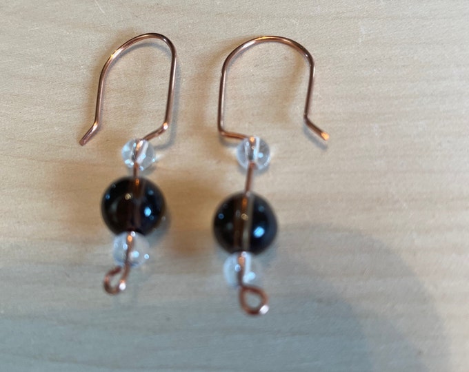 Clear and Smoky Quartz Copper French Hook Earrings