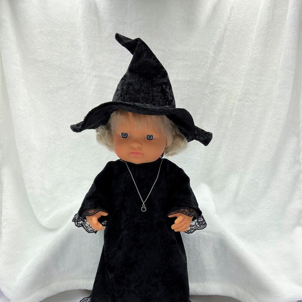 Halloween Hexe Kostüm Black Crinkle Velvet 12 und 15 Zoll Miniland Minikane und 18 Zoll Puppen