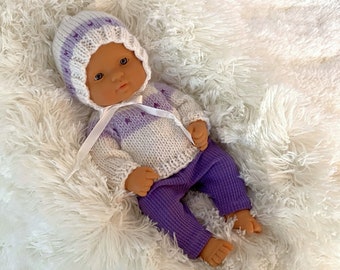 Lavender White Petite Hearts Sweater Set Girl Baby Doll 3-Piece Outfit Sweater, Bonnet, Pants Miniland Minikane 12 inch Doll