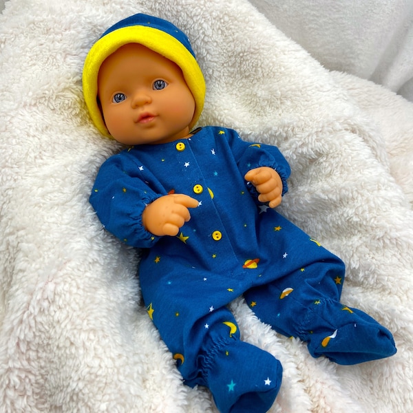 Unisex Baby Doll Footed Sleeper Planets Moons Stars Celestial Doll Sleeper with Cap