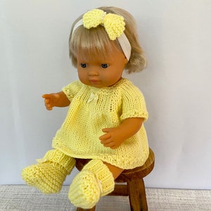 Knit Doll Dress and Booties, Head Bow 15 inch Dolls Miniland Minikane 3 Colors Available