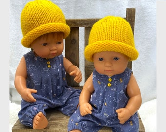 Mameluco y gorro unisex para muñeca bebé en dos tamaños, gris con motivo de pequeños animales del bosque/hongos, se adapta a Miniland Minikane de 12 o 15 pulgadas