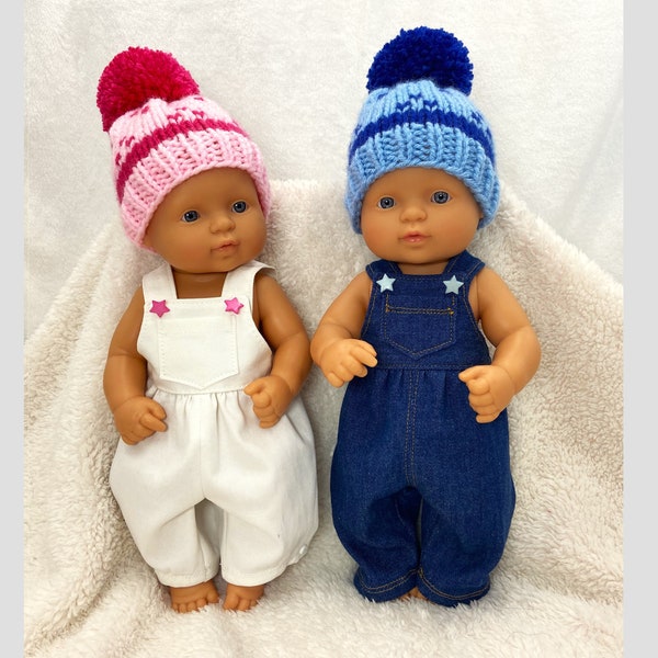 Boy Girl Unisex Baby Doll Overalls Denim Overalls with Matching Beanies White Overalls Blue Overalls