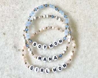 Gold Mama Beaded Bracelet || Boy Girl Mom, stretch, custom name word bracelet, jewelry, blue, pink, grey