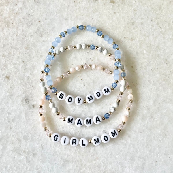 Gold Mama Beaded Bracelet || Boy Girl Mom, stretch, custom name word bracelet, jewelry, blue, pink, grey