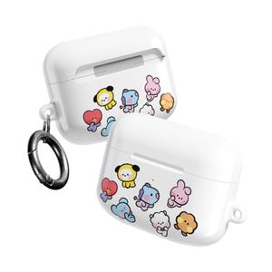 May include: Two white AirPod cases with colorful cartoon character designs. One case has a silver carabiner clip attached. The cases feature various characters in yellow, blue, pink, and orange.