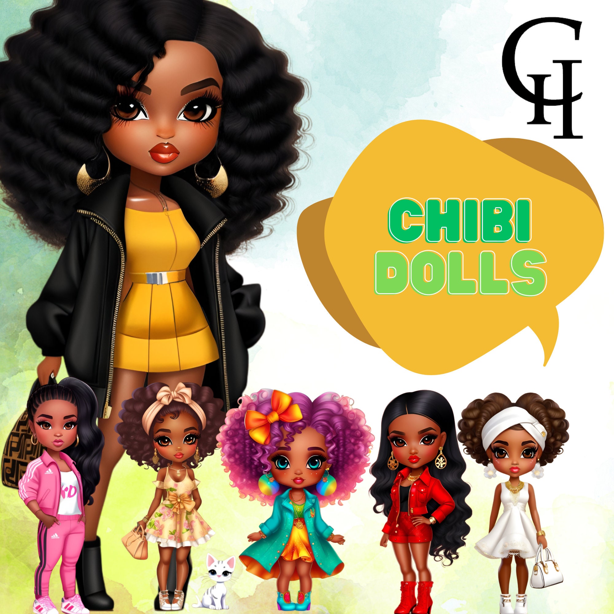 Chibi Dolls Clipart, Digital Download, Black Chibi Dolls, Fashion Clipart, Fashion Chibi Dolls, Commercial Use