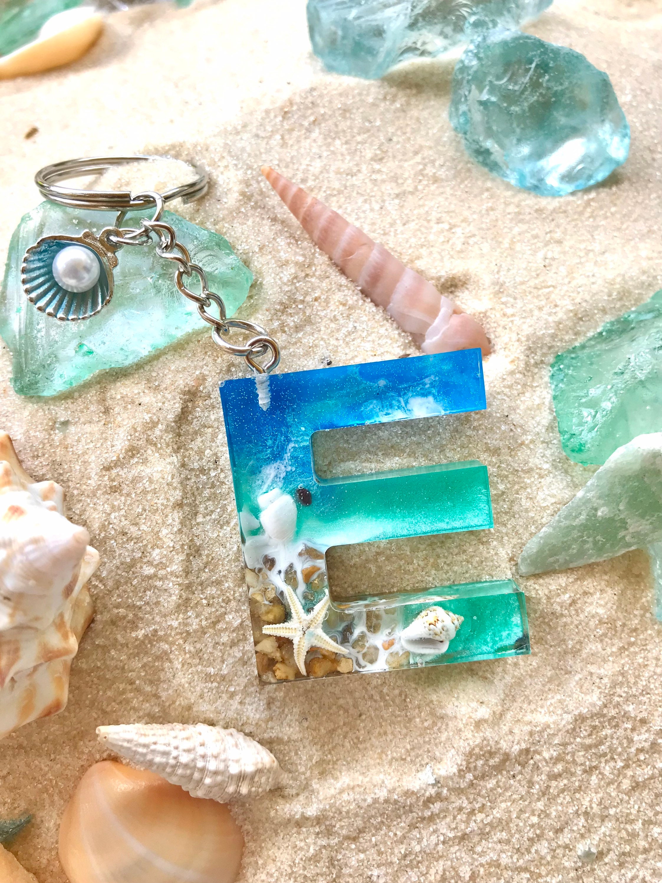 PERSONALIZED KEY CHAIN With Tassel letter Name Keychain Ocean Inspired Resin  Accessories / Beach Theme Resin Letter Keychain 