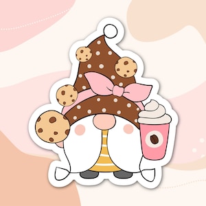 Sticker nain pour dessert et café — Adorable nain avec biscuit et café, autocollant amusant pour gobelet, ordinateur portable, agenda
