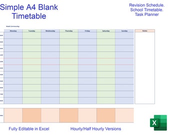 Printable Timetable.  Hourly and Half Hourly formats.  Colour /Black White