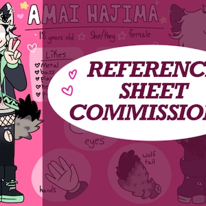 May include: A digital illustration of a character named Amai Hajima. The character is a wolf-like person with green and black clothing, a grey wolf tail, and black boots. The illustration is a reference sheet for commissions. The text on the image reads "Amai Hajima", "18 years old", "She/they female", "Likes", "Metal", "Bass", "Play", "REFERENCE SHEET", "COMMISSIONS!" and "hands", "eyes", "Wolf tail".