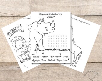 Jungle Theme Activity Pack/ 3 Page Worksheets/ Kids Puzzles/ Kids Airplane Entertainment