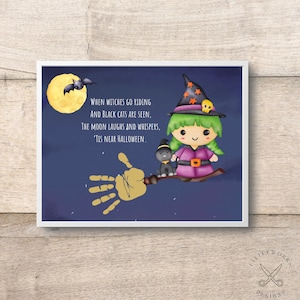 Arte editável de impressão de mão de bruxa/artesanato de Halloween/cartão de impressão de mão/pintura de mãos de bebê