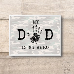 Bearbeitbare Papa ist mein Held/ Handabdruck-Kunst/ Handabdruck-Karte/ Karte für Soldaten/ DIY-Geschenk von Kind