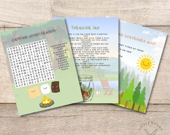 Camping Activity Pack: Scavenger Hunt, Word Search, Treasure Jar (Digital Download)