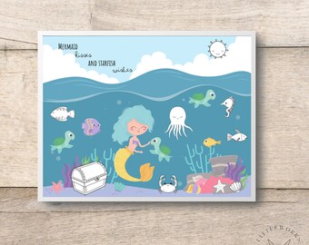Editable Mermaid Fingerprint Craft/ Handprint Art/ DIY Kids Craft/ Coloring Page