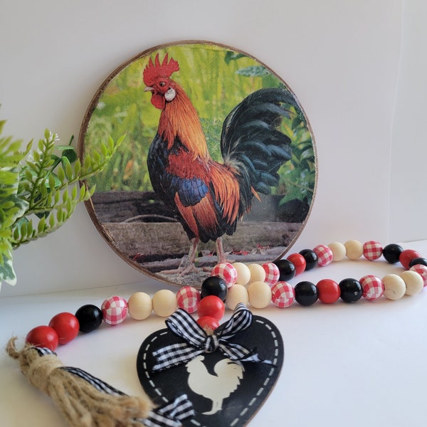 Country Kitchen Decor SET- Colorful Rooster 7" Round Includes Farmhouse Wood Bead Garland with Jute Tassel and Chalkboard Rooster Tag