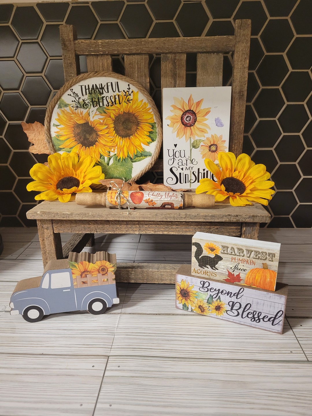 Tiered Tray Fall Sunflower Decor, Blocks, Gnomes, Rolling Pin. Beads - Etsy