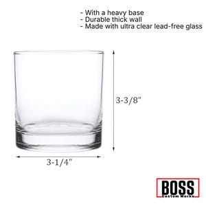 May include: A clear glass tumbler with a heavy base and thick walls. Text reads: With a heavy base, Durable thick wall, Made with ultra clear lead-free glass. Dimensions are 3-3/8 inches in height and 3-1/4 inches in width. Logo reads BOSS Custom Works.