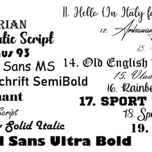 May include: A black and white font selection chart displaying twenty numbered options. The list includes Arial, ALGERIAN, Austhatic Script, Bauhaus 93, Comic Sans MS, Bahnschrift SemiBold, Elephant, Freestyle Script, Harlow Solid Italic, Gill Sans Ultra Bold, Hello (In Italy for the week), Ambawang Signature, High Spirited, Old English Text MT, Vladimir Script, Rainbow in June, SPORT WORLD, Spring in May, STENCIL, and Corleone.