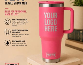 Taza de viaje con pajita personalizada y grabada YETI, añade tu logotipo, taza con pajita YETI, grabado láser YETI, taza Yeti de 20 oz, 30 oz y 40 oz. Pajita abatible