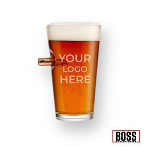 Personalized Engraved 16oz Pint Glass with Real 50 BMG Bullet, Add your Logo or Text, Benshot Pint Glass, Bullet Beer Glass, Beer Glass.