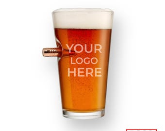 Personalized Engraved 16oz Pint Glass with Real 50 BMG Bullet, Add your Logo or Text, Benshot Pint Glass, Bullet Beer Glass, Beer Glass.