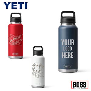May include: Three YETI water bottles in red, white, and navy blue. The red bottle features a fish graphic, the white bottle has a dog illustration, and the blue bottle has the text "YOUR LOGO HERE". All bottles have black lids.