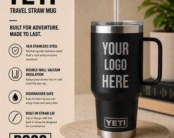 Taza de pajita YETI personalizada y grabada, añade tu logotipo, taza de pajita YETI, grabado láser YETI, regalo, taza Yeti de 35 oz y 42 oz. Yeti