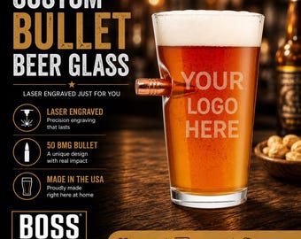 Personalized Engraved 16oz Pint Glass with Real 50 BMG Bullet, Add your Logo or Text, Benshot Pint Glass, Bullet Beer Glass, Beer Glass.