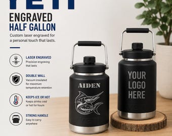 Jarra YETI de medio galón grabada y personalizada, añade tu logotipo, YETI, YETI grabada con láser, regalo, botella de agua.