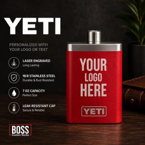 May include: A red stainless steel flask with a silver cap, featuring the laser-engraved text 'YOUR LOGO HERE' and the YETI brand logo. The flask has a 7 oz capacity and is presented with text detailing laser engraving and 18/8 stainless steel.