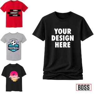 May include: A collection of t-shirts in various colors. One red shirt features the text "MIRA KINSLEY HOUSE". A gray shirt displays a soccer ball graphic with "FOOTBALL CLUB". A black shirt has a flamingo graphic. A black shirt has the text "YOUR DESIGN HERE".