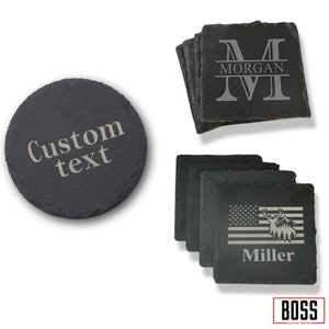 Set of 4 Personalized Engraved Slate Coasters, ADD YOUR LOGO, Wholesale Slate Coasters, Laser Engraved Coasters, Housewarming Gift, New Home